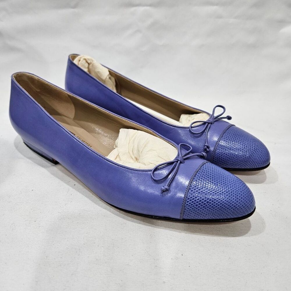 Salvatore Ferragamo Camera Bluette Lizard Cap Toe Ballet Flats Size 8 AA Italy